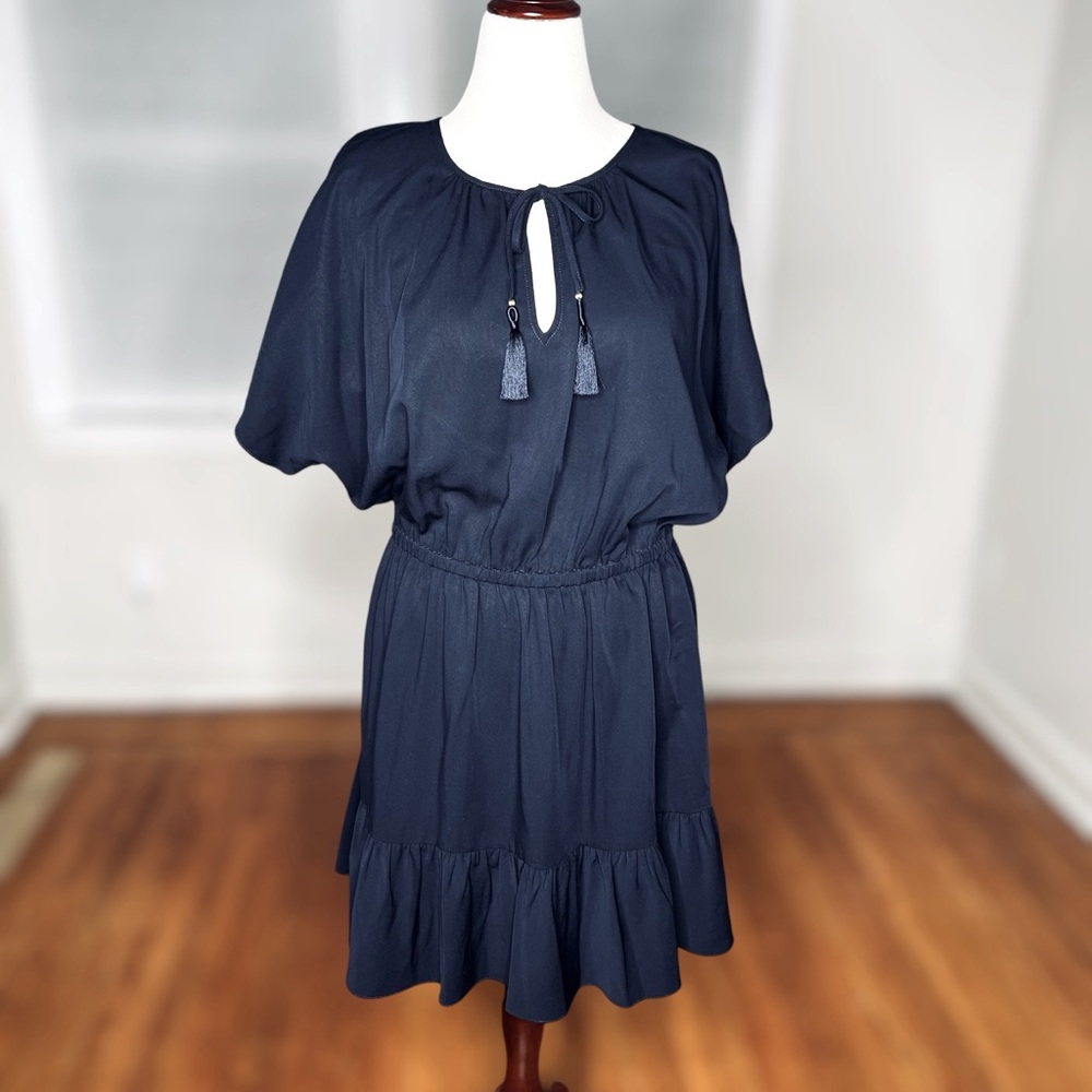 Trina Turk Out Of Office Navy Blue MAHALO Midi Dress with Tassel Ties